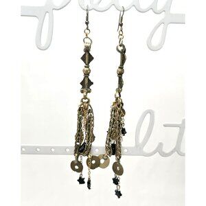Vintage Bohemian Brass & Black Dangle Earrings With Chain & Star Accents jj3783